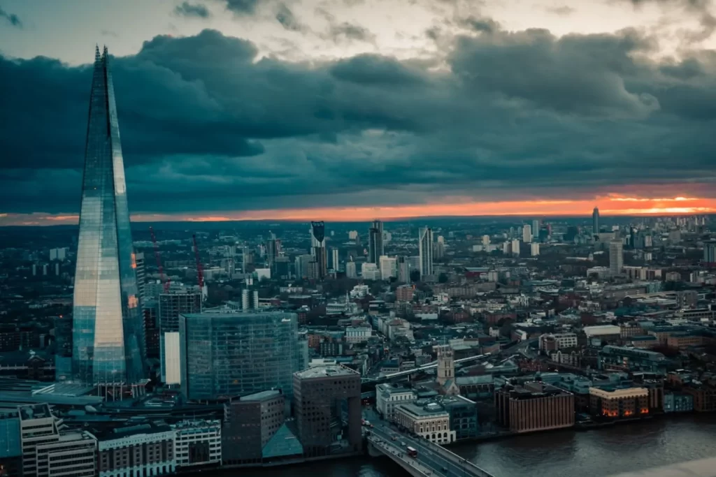 London with a very dark and overcast sky